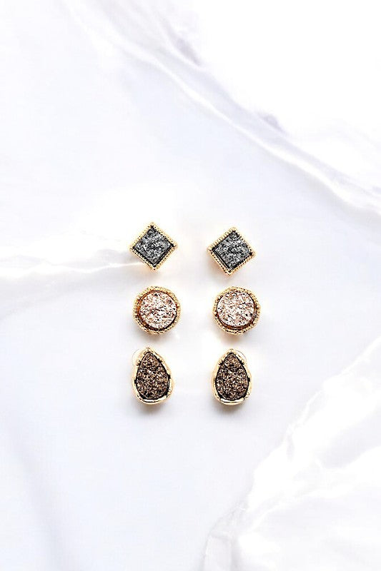 FAUX DRUZY STONE MIX POST EARRING SET