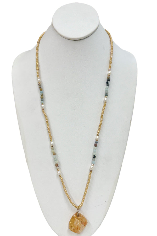 Elongated Bead Stone Pendant Necklace Set