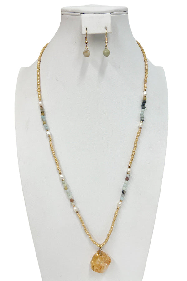 Elongated Bead Stone Pendant Necklace Set