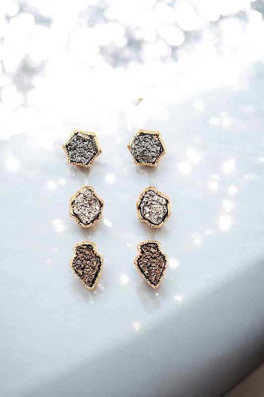 FAUX DRUZY STONE MIX POST EARRING SET