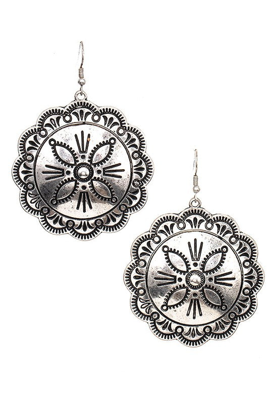 FLORAL ETCHED ROUND DANGLE EARRING