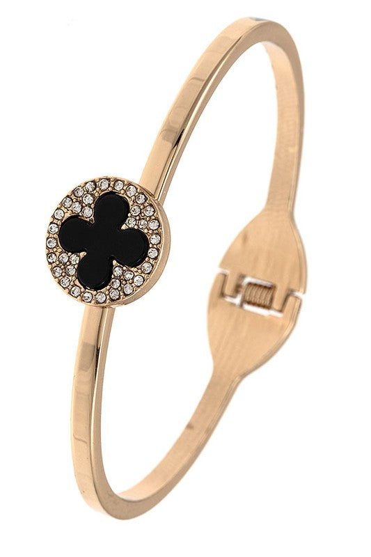 CLOVER RHINESTONE FRAMED HINGE BANGLE BRACELET