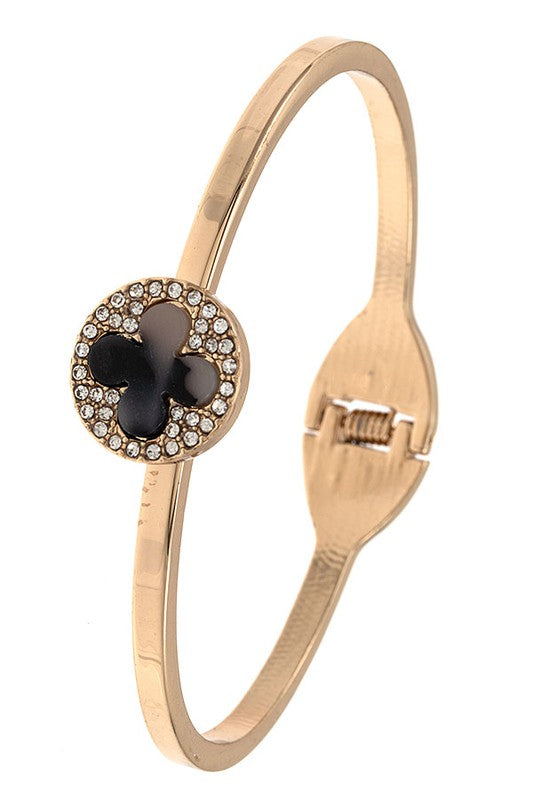 CLOVER RHINESTONE FRAMED HINGE BANGLE BRACELET