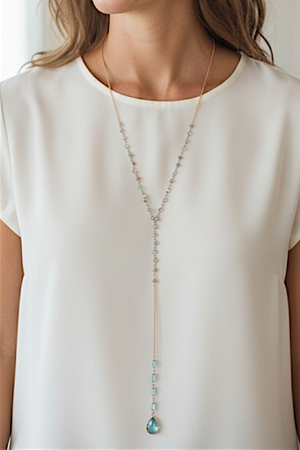 FACETED GLASS BEAD TEARDROP CRYSTAL PENDANT Y NECKLACE