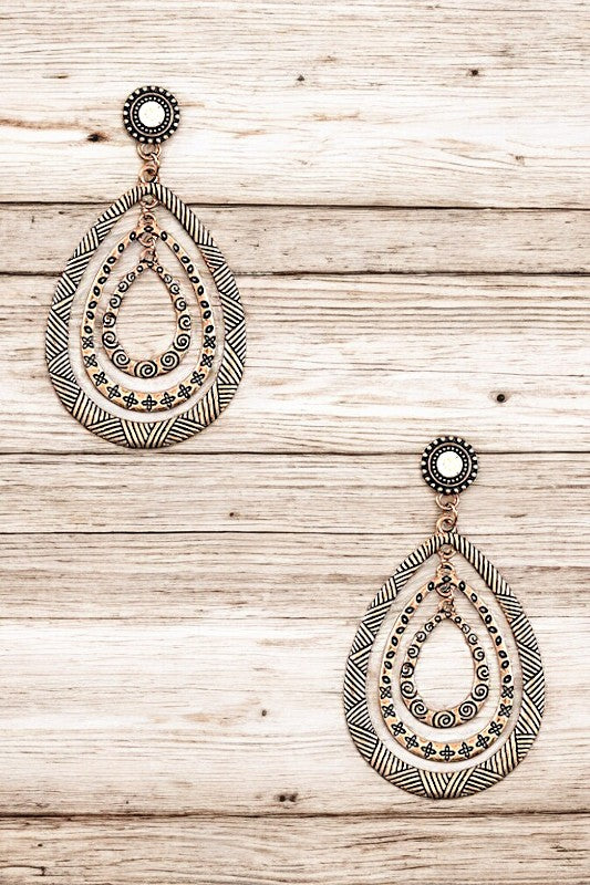 MULTI TEARDROP ETCHED DANGLE EARRING