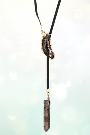 FAUX LEATHER STONE PENDANT LARIAT Y NECKLACE