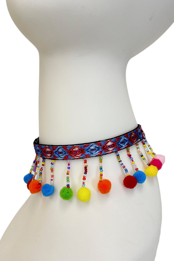 Embroidered Pom Pom Choker Necklace Set