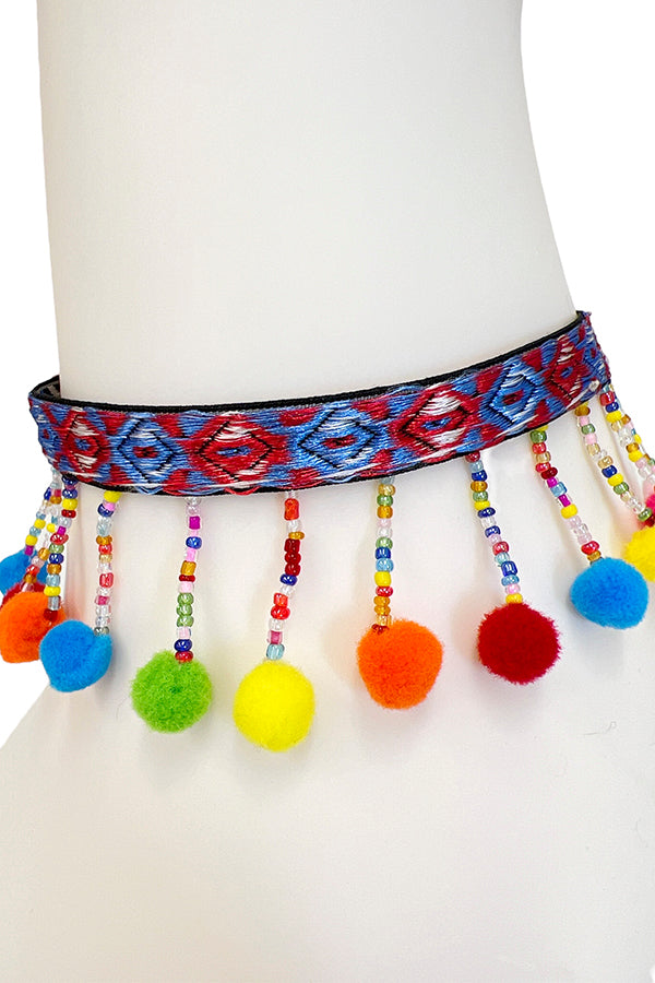 Embroidered Pom Pom Choker Necklace Set