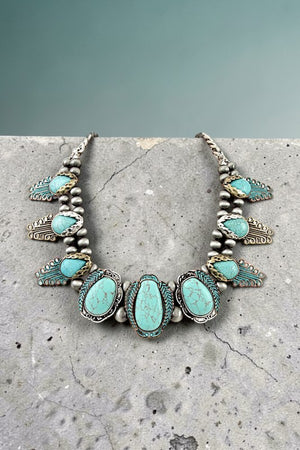 WESTERN FRAMED FAUX TQ GEM NAVAJO PEARL BEAD LINK STATEMENT NECKLACE AND BALL BEAD DANGLE EARRING