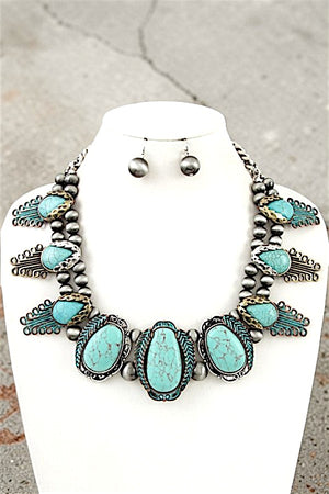 WESTERN FRAMED FAUX TQ GEM NAVAJO PEARL BEAD LINK STATEMENT NECKLACE AND BALL BEAD DANGLE EARRING