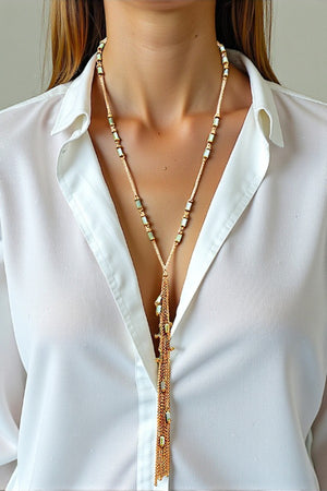 MIX TUBE BEAD CHAIN TASSEL LONG LARIAT NEKCLACE AND TUBE BEADS DROP EARRING SET