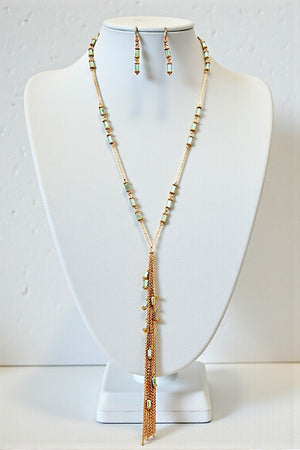 MIX TUBE BEAD CHAIN TASSEL LONG LARIAT NEKCLACE AND TUBE BEADS DROP EARRING SET