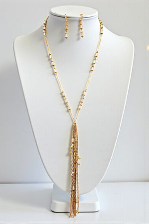 MIX TUBE BEAD CHAIN TASSEL LONG LARIAT NEKCLACE AND TUBE BEADS DROP EARRING SET