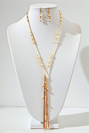 MIX TUBE BEAD CHAIN TASSEL LONG LARIAT NEKCLACE AND TUBE BEADS DROP EARRING SET