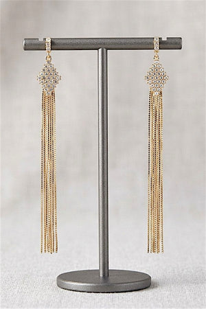 OBLONG FLAT CHAIN TASSEL DROP GEM EARRING