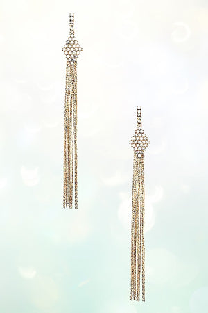 OBLONG FLAT CHAIN TASSEL DROP GEM EARRING