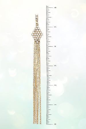OBLONG FLAT CHAIN TASSEL DROP GEM EARRING