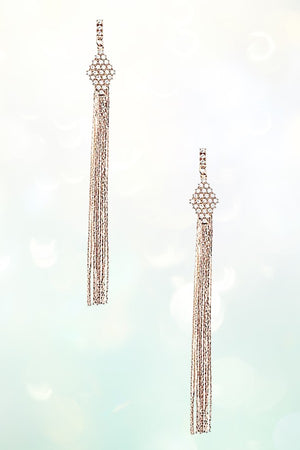 OBLONG FLAT CHAIN TASSEL DROP GEM EARRING