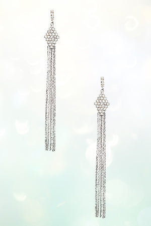 OBLONG FLAT CHAIN TASSEL DROP GEM EARRING