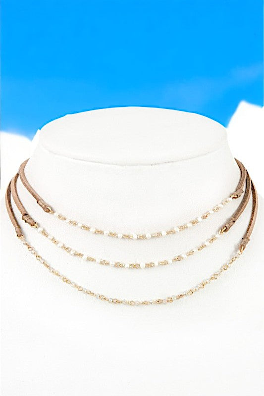 Glass Bead Pearl Accent Multi Cord Row Choker