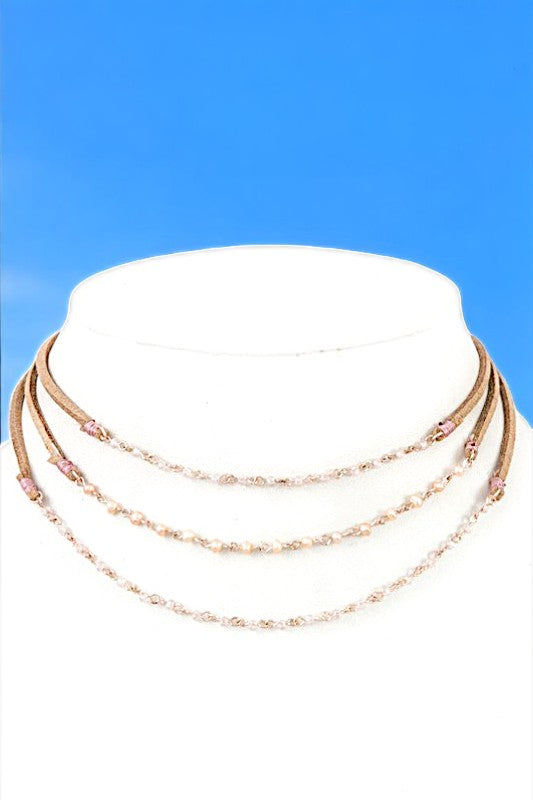 Glass Bead Pearl Accent Multi Cord Row Choker