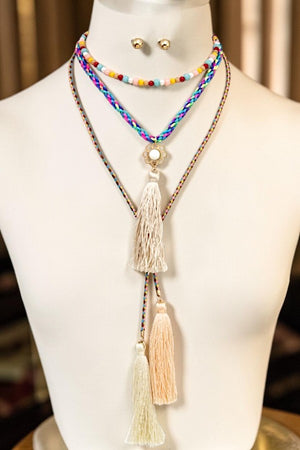 MULTI COLOR CORD LAYERED TASSEL NECKLACE AND EARRING SET