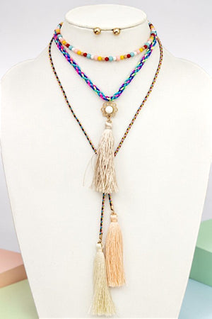 MULTI COLOR CORD LAYERED TASSEL NECKLACE AND EARRING SET