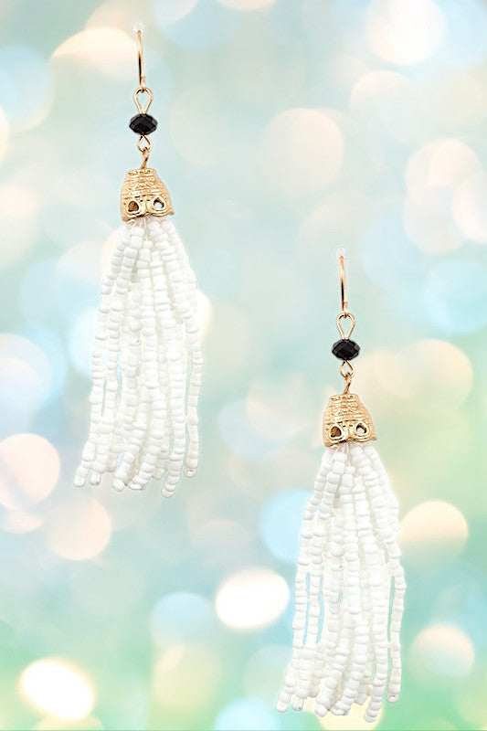 Faceted Gem Top Beaded Tassel Dangle Earring