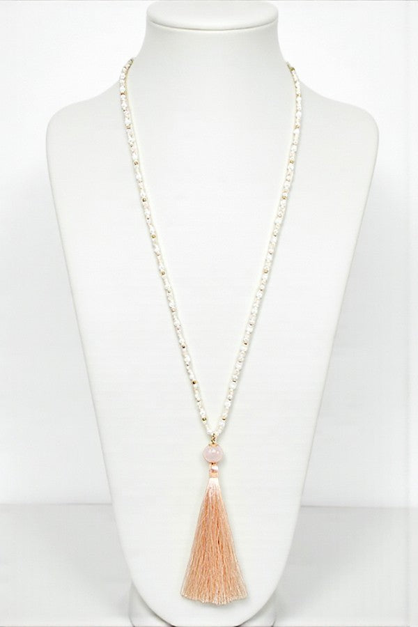 ELONGATED BEADED TASSEL PENDANT NECKLACE
