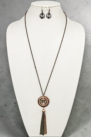 ANCHOR DISK PENDANT CHAIN TASSEL LONG NECKLACE SET