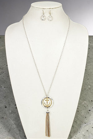 ANCHOR DISK PENDANT CHAIN TASSEL LONG NECKLACE SET