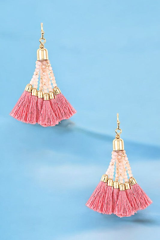 PINK GLASS BEAD TASSEL DANGLE EARRING