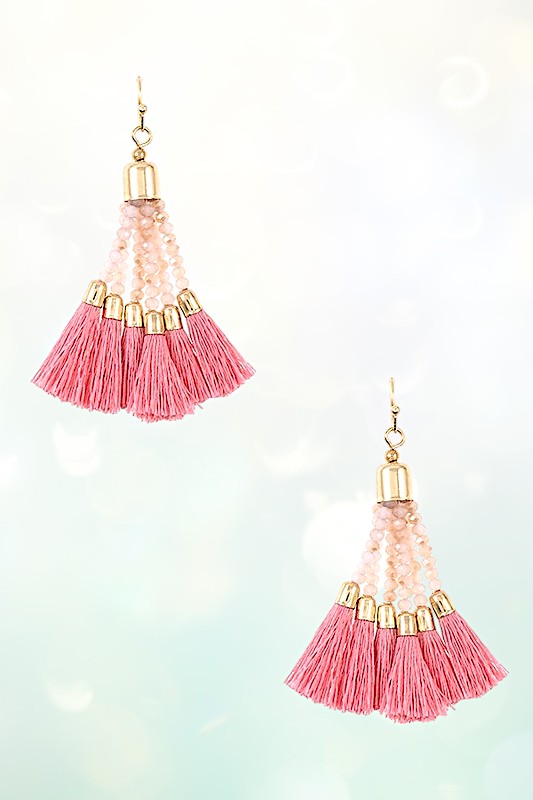 PINK GLASS BEAD TASSEL DANGLE EARRING