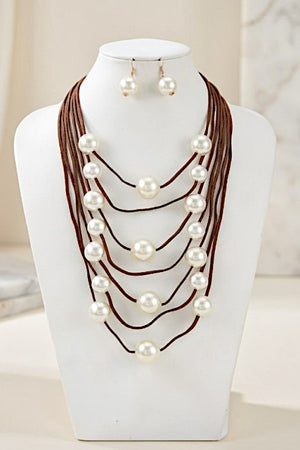 MULTI ROW FAUX PEARL ACCENT CORD NECKLACE AND EARRING SET