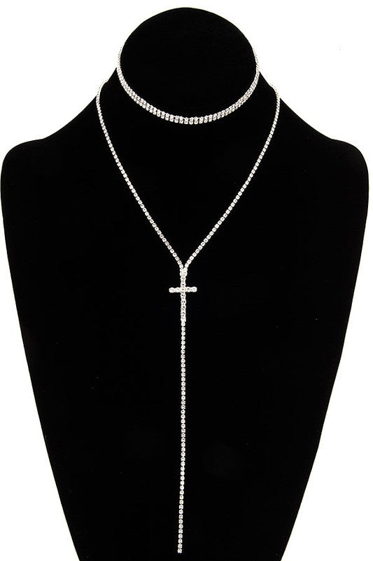 ALIGNED GEM CROSS PENDANT CHOKER NECKLACE