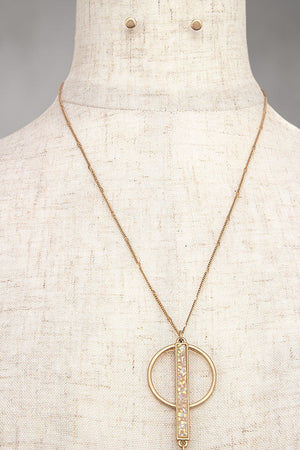 RING AND STONE BAR PENDANT LONG DROP Y NECKLACE AND STUD EARRING SET