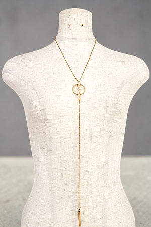 RING AND STONE BAR PENDANT LONG DROP Y NECKLACE AND STUD EARRING SET