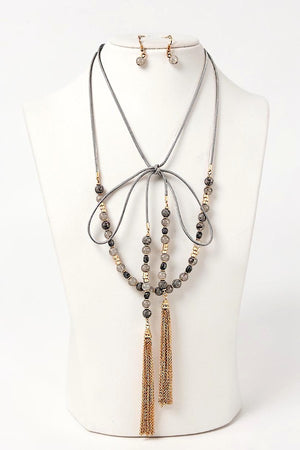 SEMI PRECIOUS BEAD LONG WRAP CHAIN TASSEL DANGLE NECKLACE AND BEAD DANGLE EARRING SET