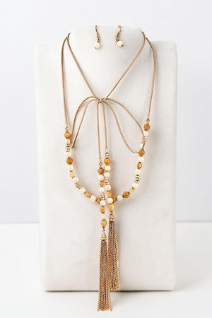 SEMI PRECIOUS BEAD LONG WRAP CHAIN TASSEL DANGLE NECKLACE AND BEAD DANGLE EARRING SET