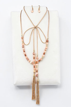 SEMI PRECIOUS BEAD LONG WRAP CHAIN TASSEL DANGLE NECKLACE AND BEAD DANGLE EARRING SET