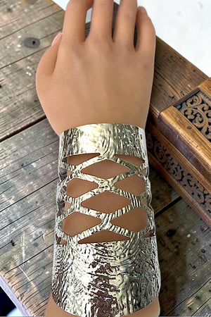 TEXTURED METAL DIAMOND CUT OUT PATTERN STATEMENT CUFF BRACELET