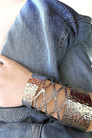 TEXTURED METAL DIAMOND CUT OUT PATTERN STATEMENT CUFF BRACELET