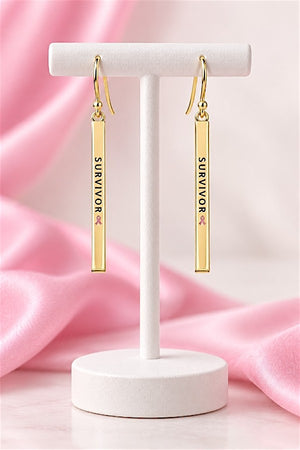 PINK RIBBON SURVIVOR ETCHED BAR DANGLE EARRING