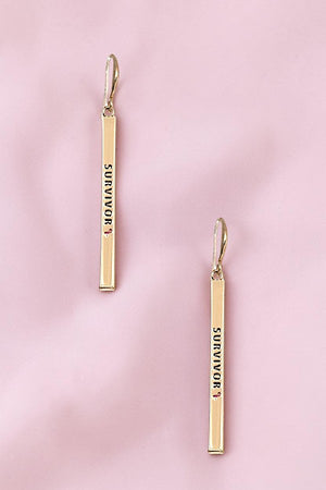 PINK RIBBON SURVIVOR ETCHED BAR DANGLE EARRING