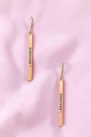 PINK RIBBON SURVIVOR ETCHED BAR DANGLE EARRING
