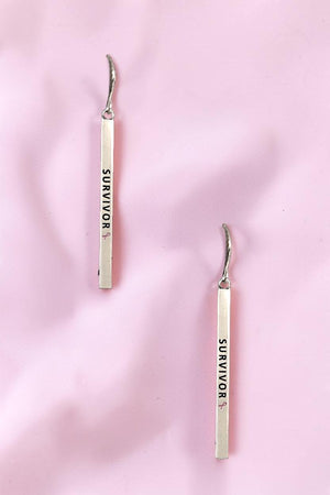 PINK RIBBON SURVIVOR ETCHED BAR DANGLE EARRING