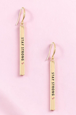 STAY STRONG PINK RIBBON BAR DANGLE EARRING