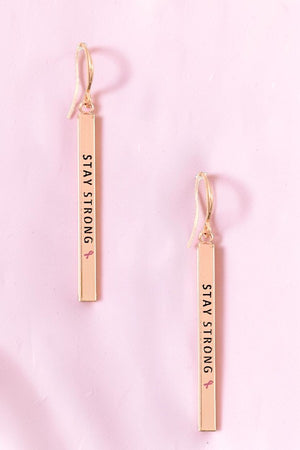 STAY STRONG PINK RIBBON BAR DANGLE EARRING