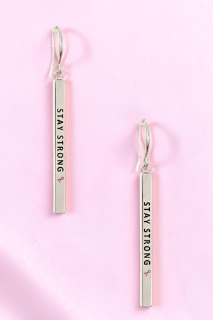 STAY STRONG PINK RIBBON BAR DANGLE EARRING