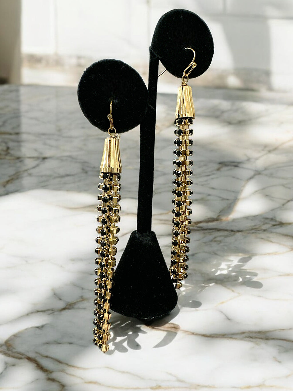 BLACK AND GOLD METAL TASSEL DANGLE EARRING